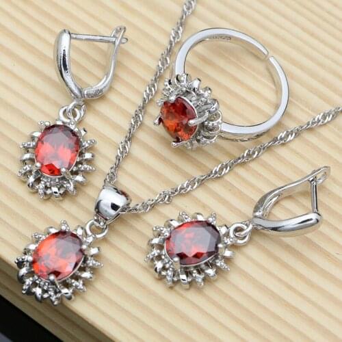 2020 925 Silver Wedding Jewelry Sets for Women Garnet Gemstone Crystal Necklace Ring Earrings Sets Costume 7 Colors Dropshipping