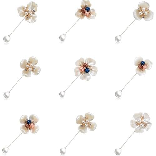 Rinhoo Pearl Brooch Pin High-end Long Needle Brooch Shell Rhinestone Flower Women Suit Sweater Coat Shirt Jewelry Gifts