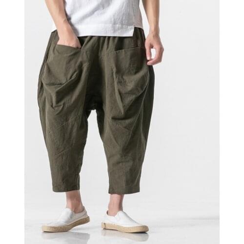 Mens Cotton Linen Loose Wide Legs Cropped Pants Pockets Summer Oversize Casual C5