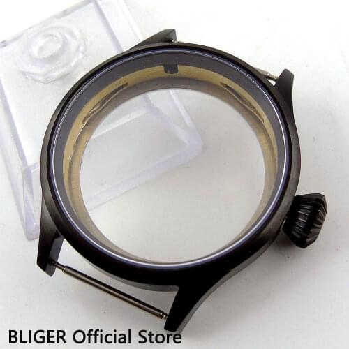BLIGER 43MM Stainless Steel PVD Coated Watch Case Sapphire Glass Transparent bottom Fit For ETA 6497 6498 Hand Winding Movement