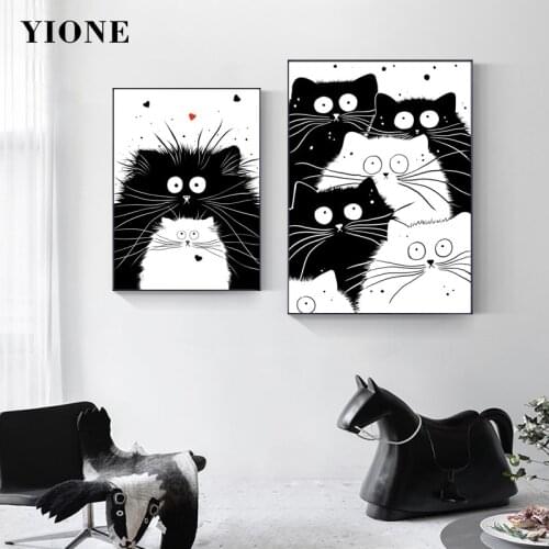 Black and White Cats Canvas Paintings Custom Cartoon Animal Kitten Lover Wall Posters Picture Art Prints Kids Room Living Decor