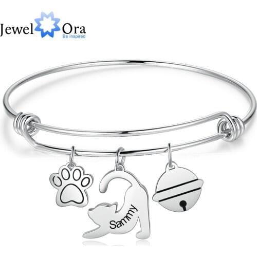 JewelOra Designer Custom Engraved Name Bangles & Bracelets with Paw Bone Personalized Cute Cat Dog Charms Cuff Bangles for Women