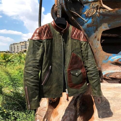 CDJ-15 Read Description! Asian Size Genuine Cow Leather Waterproof 18oz Canvas Coat Cowhide Wax Aged Looking Jacket