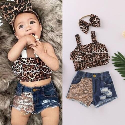 New Kids Girls Summer Top Shorts 3-Piece Suit Leopard Short Sleeve Pleated Vest Blue Jeans Side Pockets