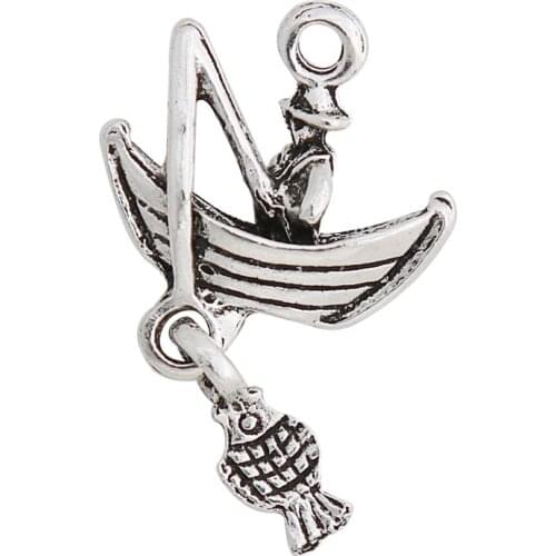 RAINXTAR Fashion Antique Silver Color Fisherman Fishing Charms Alloy Dangle Charms 25*46mm 50pcs AAC1287