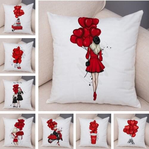I Love You Soft Plush Cushion Cover Cute Cartoon Girl Print Pillowcase Decor Red Balloon Pillow Case for Sofa Home45X45cm
