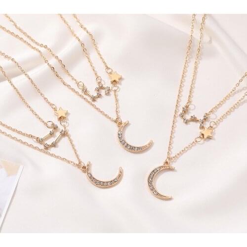 LATS Double Star Moon Clavicle Chain Necklace Inlaid Water Twelve Constellation Necklaces for Women Fashion Jewelry Accessories