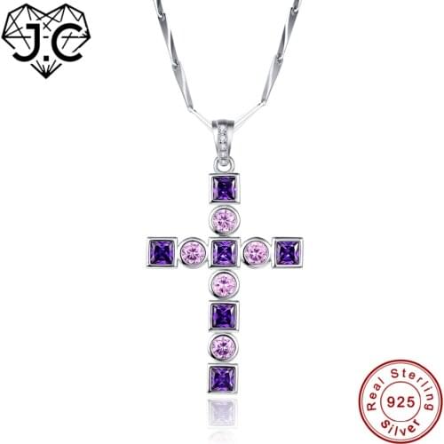 J.C for Women Girl New Trendy Necklace Ruby Blue Purple Topaz Cross Design Solid 925 Sterling Silver Pendant Fine Jewelry