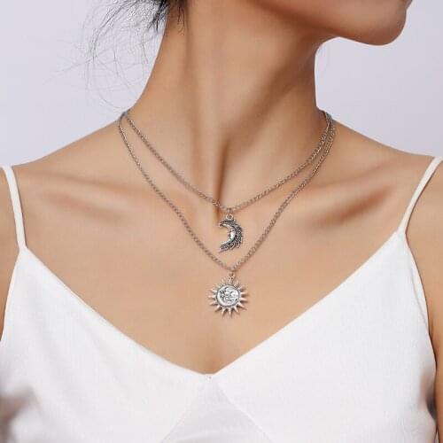 2 Pcs/Set Vintage Female Cartoon Sun Moon Pendants Necklaces For Women Silver Color Metal Chain Necklace Party Jewelry Gifts
