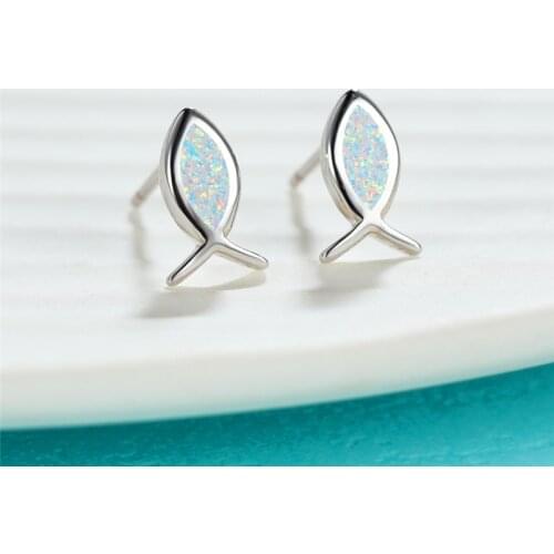 Cute Female White Blue Opal Earrings Rose Gold Silver Color Wedding Earrings Trendy Fish Small Stud Earrings For Women
