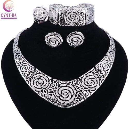 Sliver plated Hot Sales Fashion Vintage Hollow Out gold color Rose Flower chokerCollar Short Chain Necklace bangle earing ring