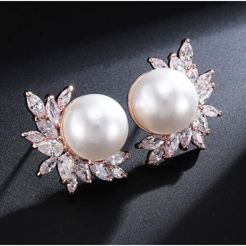 Classic Big Round Simulated Pearl Stud Earrings for Women Shinny Zirconia Crystal Bridal Wedding Party Fashion Jewelry CE0099E