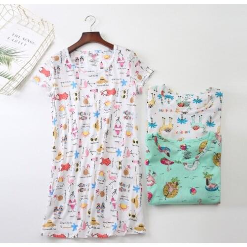 Spring Summer New Knitted Cotton Short-sleeved Womens Home Wear Cute Cartoon European Version Female Plus Size Print Nightdress