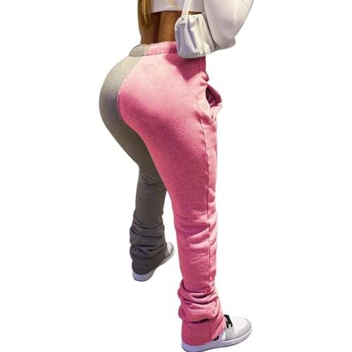 Casual Women Pants Stacked Jogger Color Patchwork Sweatshirt Drawstring Long Trousers Pocket Autumn Winter Clothes For Women