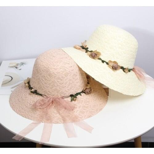 2019 Hot Summer New WomenS Sun Hat Bucket Cap Beige Lace Bowknot Flowers Ribbon Flat Top Straw Hat Beach Caps Panama