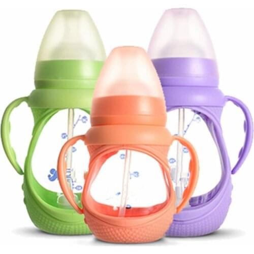 Infant Baby Feeding Glass Bottle Safe Silicone Milk Bottle With Handle wide Mouth Newborn Drink Training Feeding Bottle