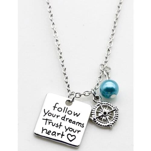 Inspirational Necklace Engraved "Follow Your Dreams ,Trust Your Heart" Compass Crystal Pendant Necklace Jewelry For Women Gifts