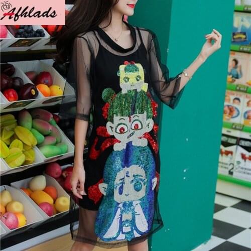 Womens Summer New Style Mesh Sexy Short Sleeve T-Shirt Lace Sequined Streetwear Plus Size Cartoon Character Print Tops