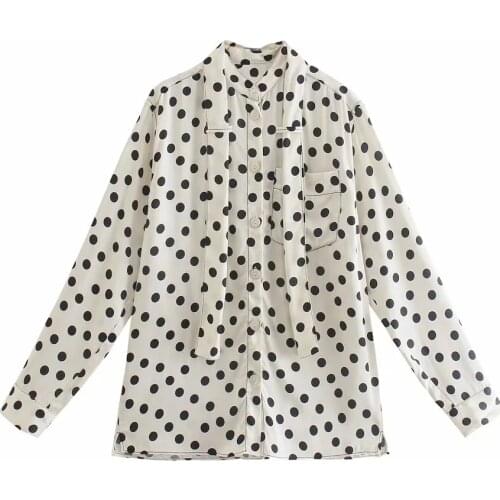 Za Women New Autumn Retro Dot Print Simple Style Loose Sleeve Lapel Shirt Tie Stitching Shirt Casual Chic Shirt XITIMEAO