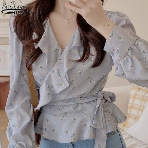 2021 Women Office Casual Long Sleeve Women Blouse Puff Sleeve Clothing Blusas Mujer Autumn Ruffled Floral Chiffon Shirt 10249
