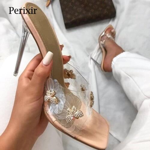 Perixir Design Women Sandals Open Square Toe Transparent Bow Flower Pvc Crystal Thin Heel Footwear 2021 Sweet Girl Summer Shoes