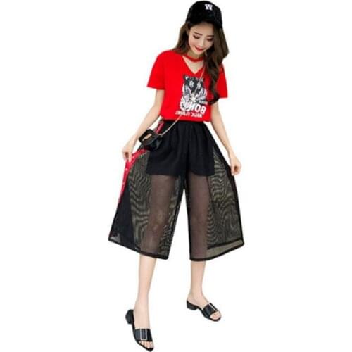 2020 Summer New Sale Hot Short Sleeve Cartoon Pattern T-Shirt Dress+Net Yarn Wide-Legged Skirt Casual Long Shirts 2-pieces Sets