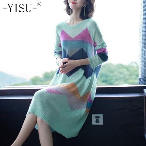 YISU Autumn Winter New Womens Sweater Mohair O-neck Loose long Sleeve Candy Color Casual Pullovers Fashion Sweater dress Women