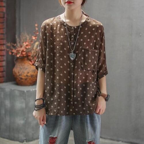 Women Spring Summer Style Blouses Shirts Lady Casual Half Sleeve O-Neck Polka Dot Printed Blusas Tops ZZ0746