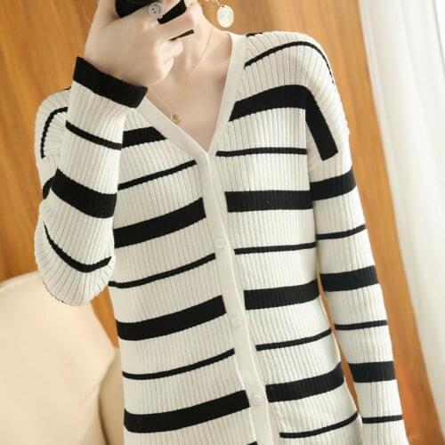 100% cotton cardigan womens striped V-neck knitted sweater 2021 new spring and autumn short loose and versatile jacket