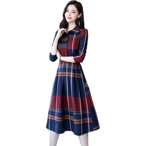 New Spring Plaid Dress Women Elegant Long Sleeve Belted Dresses Turn-down Collar Long Dress Ladies Autumn Office Robe Femme