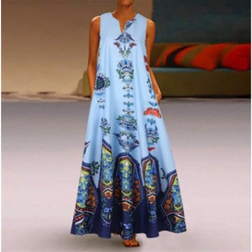 Summer Sexy Temperament Dress Womens V-neck Swing Dress Retro Print Dress V-neck Sleeveless Fashion Long Dress 2021 New