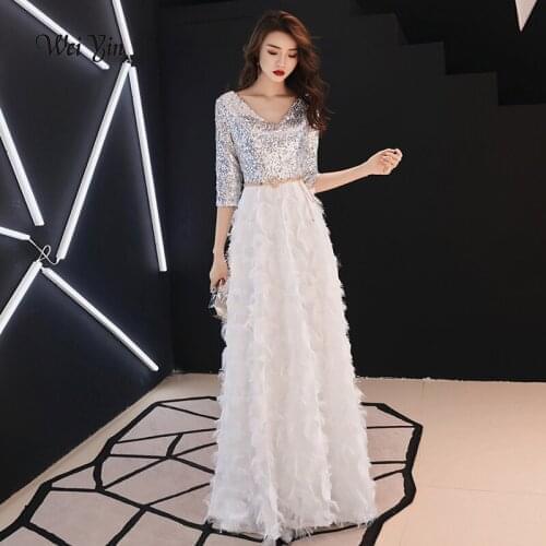 Weiyin White Half Sleeves Backless A-line V-neck Zipper Draped Party Frocks Dresses Floor Length Evening Dresses WY952