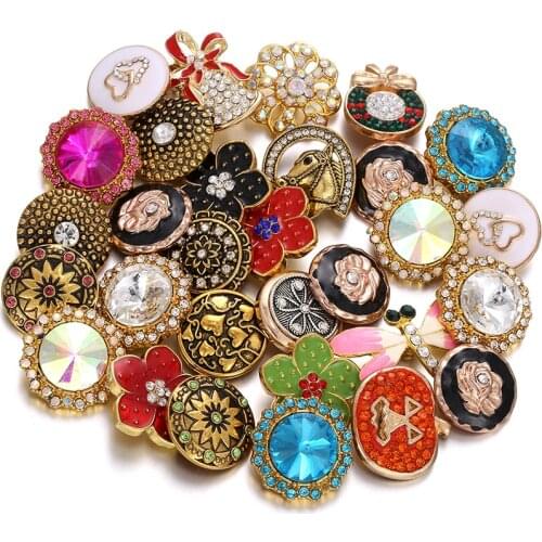 10pcs/lot New Gold Snap Jewelry Crystal Rhinestone Flower 18mm Snap Buttons Metal Charms for Snap Button Bracelet Necklace