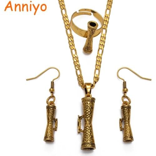Anniyo Drum & Turtle Papua New Guinea Pendant Necklaces Earrings Ring Tortoise for Women Sea Turtle Jewelry Sets #217806