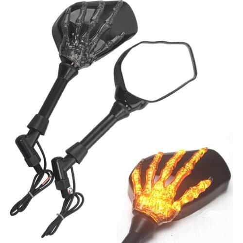 Matel Black 8mm 10mm Skull Hand Claw Rearview Mirrors 10W/ 12V LED light Fits For Yamaha honda Harley Suzuki New