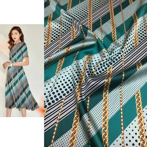 Geometric polka dot chain printing in one flower and two colors stretch natural mulberry silk high fashion textile fabric