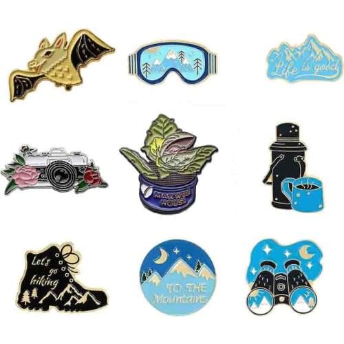 Enamel Pins Outdoors Adventure Wild Hiking Travel Brooches plant bat wild animal camera telescope Boots glasses Adventure Badges