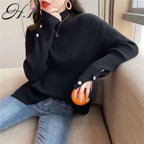 H.SA 2021 Women Clothing Sweater Pull Jumpers Tops Femme Button Split Casual Pullovers Pink Jumpers Korean Kawaii Sweater Tops