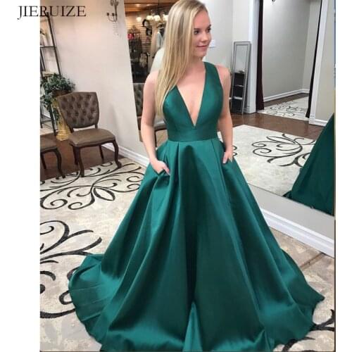 JIERUIZE Hunter Green Simple Long Evening Dresses Deep v-neck Sexy Long Prom Party Dresses Evening Gowns Cheap Formal Dress