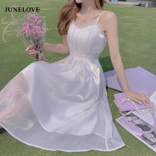 JuneLove Elegant Summer Strap Dress Women Kawaii French Vintage Princess Sexy Fairy Dress Casual V-neck Party Beach Dress 2021