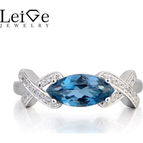 Leige Jewelry Topaz Wedding Ring London Blue Topaz Ring November Birthstone Marquise Cut Blue Gemstone 925 Sterling Silver Ring