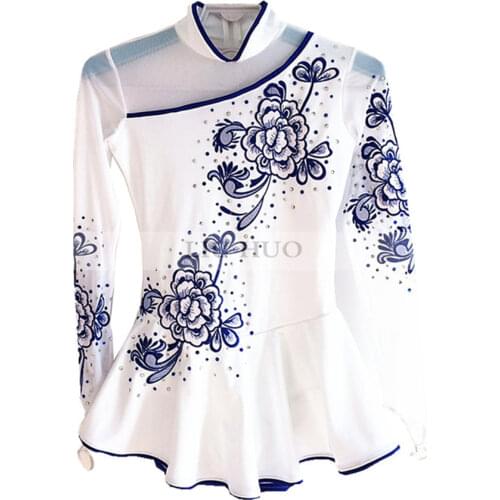 Figure Skating Dress Womens Girls' Ice Skating Dress White long sleeves Blue and white porcelain style Blue lace adornment