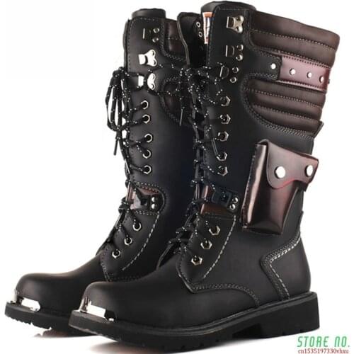 Motorcycle Boots Male Shoes Army Boots Mens Military Boots 2021 Leather Winter Black Cowboy Snow Metal Gothic Pocket Punk Boots