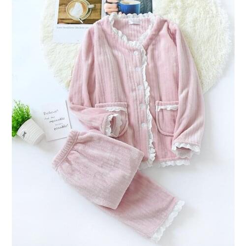New Fashion Warm Flannel Pajamas Set Women Winter Autumn Pajama Sleepwear Lace Pink Pajamas Thick Warm Sleepwear