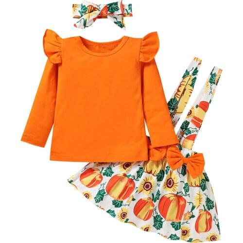 Halloween Clothing 2021 Girl’s Skirt Three Piece Suit Casual Long Sleeve T-shirt and Pumpkin Print Suspender Skirt with Headband