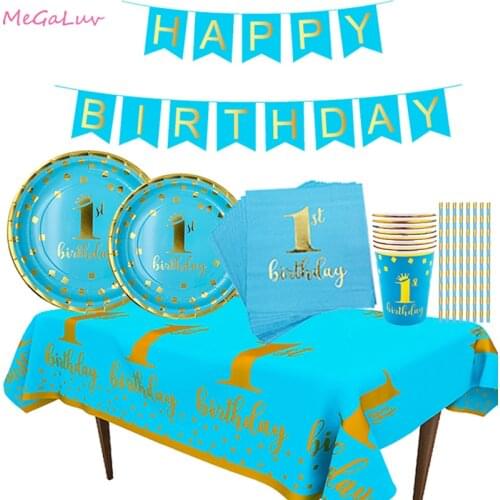 Pink Blue Disposable Tableware 1st Birthday Party Decor Kids Birthday Banner One Year First Birthday Boy Girl Baby Shower Decor