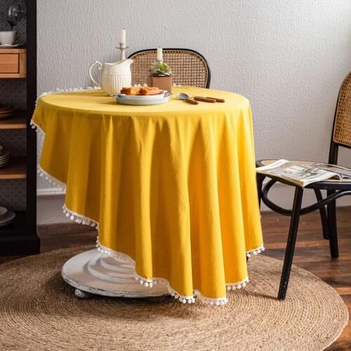 Solid Mustard Yellow Table Cloth Round Linen Cotton With Tassel 150CM For Kitchen Dining Party Coffee Tea Table Cover