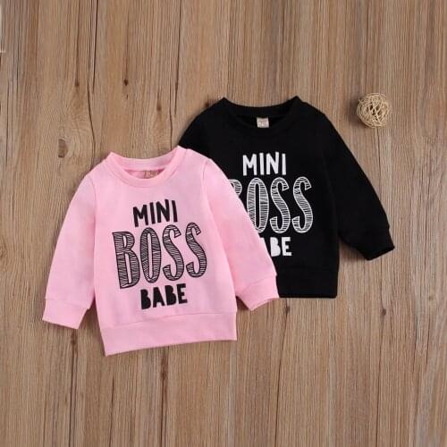 0-3Y Toddler Baby Girl Boy Autumn Long Sleeve MINI BOSS BABE Letter Print Sweatshirt/Hoodie Black/Pink Outfits