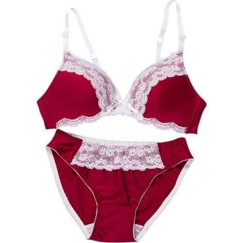 Sexy Women Bra And Brief Set Push UP Wire Free With Bow Lace Solid Cute Bra Set Gather Adjustable Underwear Sets