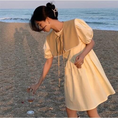 Heydress 2021 Summer Womens puff Sleeve solid Dress elegent Sailor Collar Midi Dress high waist A-line korean fairy Vestidos